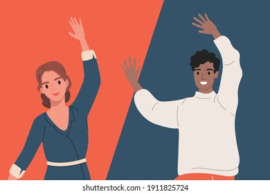 Happy smiling woman in dress and man in casual clothes feeling positive emotions, waving hands. Friends welcoming somebody vector illustration. Cheerful man and woman flat characters.