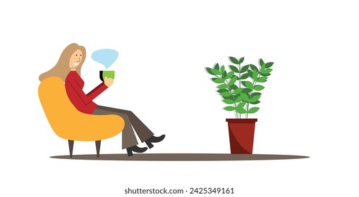 Happy Smiling Woman Enjoying Tea in a Soft Chair.