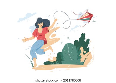 Happy smiling woman flying a kite vector illustration. Teenager having fun with kite in park flat style concept. Leisure time idea