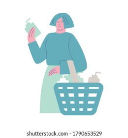 Happy smiling woman with a full basket of antibacterial hand sanitizer. Vector illustration in cartoon style.