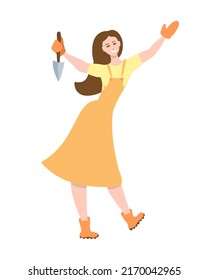 Happy smiling woman with garden trowel hand shovel enjoys garden work in rubber boots. Love of gardening. Colorful bright female character isolated on white background. Flat, vector illustration.