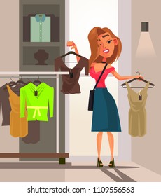 Happy smiling woman girl character doing purchases and trying dress. Shopping concept flat cartoon design graphic isolated illustration