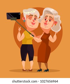 Happy smiling woman grandma characters making selfie. Vector flat cartoon illustration