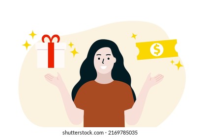 Happy Smiling woman hand holding fancy gift box and cash coupon. Online shopping, big sale, giveaways concept. Flat cartoon vector ￼design Illustration.