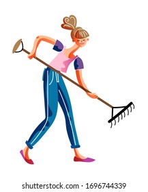 Happy smiling woman with hand work tool rake isolated on white background. Girl gardener raking ground. Young lady working in garden. Gardening and farming, horticulture and agriculture