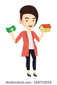 Happy smiling woman having loan for house. Young caucasian woman got loan for buying of a new house. Concept of real estate loan. Vector flat design illustration isolated on white background.