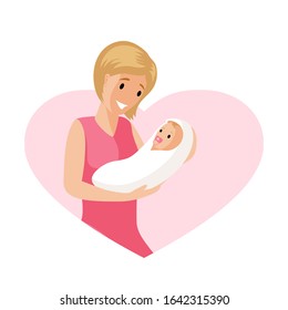 Happy smiling woman in heart shaped pink frame and a baby in tender embrace vector flat illustration. Mother and child, motherhood, love, happy mother day card concept.