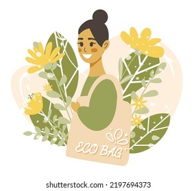 Happy smiling woman holding eco bag vector illustration on floral background. Care for the environment, eco friendly lifestyle and zero waste concept. Flat cartoon style