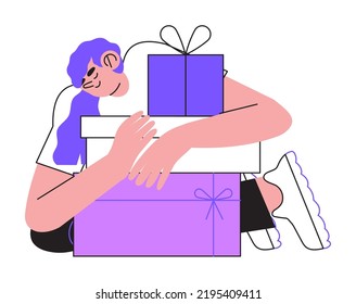 Happy smiling woman holding gift boxes with presents and celebrate birthday or anniversary. Concept of you won prize, winner, surprize or christmas event or grand opening with prize drawing. 