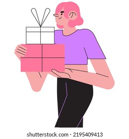 Happy smiling woman holding gift boxes with presents and celebrate birthday or anniversary. Concept of you won prize, winner, surprize or christmas event or grand opening with prize drawing. 