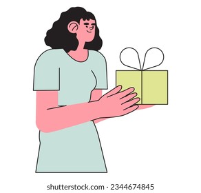 Happy smiling woman holding gift box with presents and celebrate birthday or anniversary. Concept of corporate employee greeting, winner, surprize or christmas event or grand opening with prizes. 