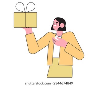 Happy smiling woman holding gift box with presents and celebrate birthday or anniversary. Concept of corporate employee greeting, winner, surprize or christmas event or grand opening with prizes. 