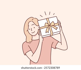 Happy smiling woman holding gift box. Hand drawn style vector design illustrations.	