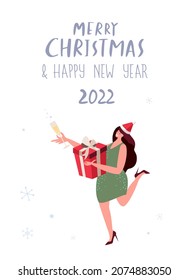 Happy Smiling Woman Holding Huge Gift Box Wrapped, Ribbon Christmas Present ,New Year Holidays.Glass of Champagne.Celebrating Purchases.Festive Sale Shopping Flyer Advertising Flat vector illustration