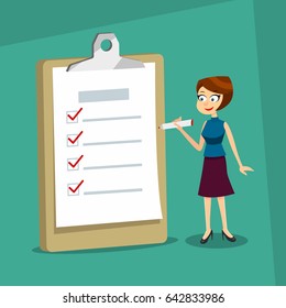 Happy smiling woman holding a marker looking at completed checklist on clipboard. Business concept. EPS10 vector.