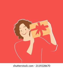 A happy smiling woman holds a gift box of hand-drawn vector design illustrations.