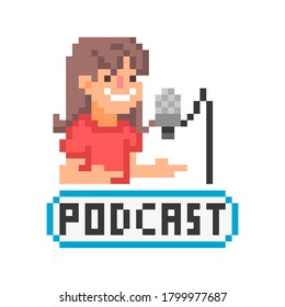 Happy smiling woman hosting podcast, 8 bit pixel art icon isolated on white background. Girl streaming online show. Radio personality broadcasting live. Vintage retro video game graphics.