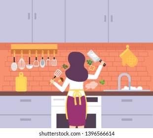 Happy smiling woman housewife cooking. Vector flat cartoon graphic design illustration