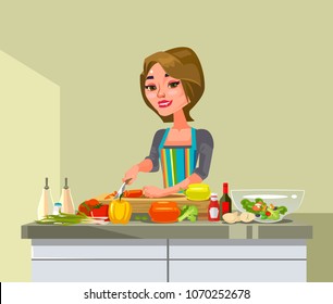 Happy smiling woman housewife cutting vegetable ingredients and cooking dish dinner food. Housekeeping concept. Vector flat cartoon graphic design illustration