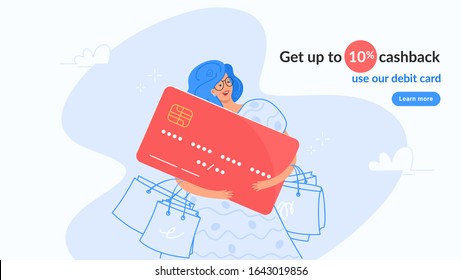 Happy smiling woman hugging big red bank card. Flat modern concept vector illustration of people who use debit card and get cashback for shopping. Casual consumer with plastic card on white background