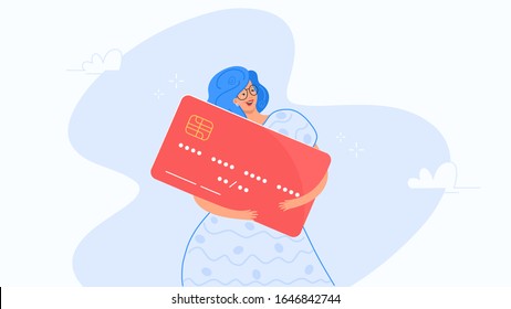 Happy smiling woman hugging big red credit card. Flat modern concept vector illustration of people who use credit and debit bank card for payment. Casual consumer with plastic card on white background