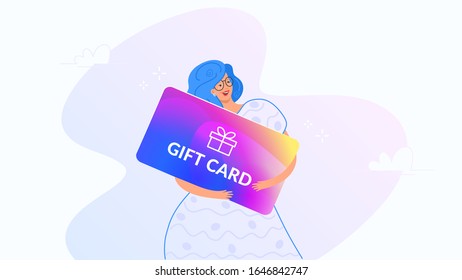 Happy smiling woman hugging big gift card. Gradient modern concept vector illustration of people who use gift coupons for payment and shopping. Happy woman celebrating 8 of March on white background