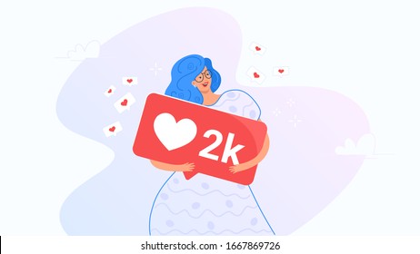 Happy smiling woman hugging big speech bubble symbol with heart. Gradient modern concept vector illustration of people who addicted to social networks. Happy people getting likes on white background
