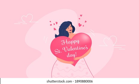 Happy smiling woman hugging heart symbol as Valentines greeting card. Flat vector illustration of people who fell in love and celebrating Saint Valentines day. Romantic banner on rose background