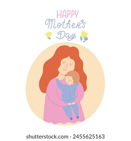Happy smiling woman hugging her child, happy mom with a son in a cartoon style. Happy mother's day vector illustration.