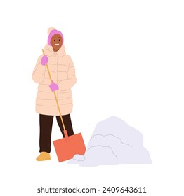 Happy smiling woman isolated cartoon character removing snow with shovel cleaning yard or road