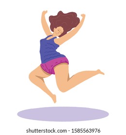 Happy  smiling woman jump. Woman daily life, everyday.  Freedom female, body positive.  Flat modern vector isolated illustration. Fly, love concept.