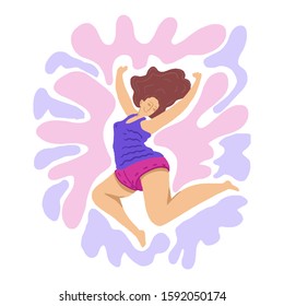 Happy  smiling woman jump. Freedom female, body positive. Woman daily life, everyday.  Flat modern vector isolated illustration. Fly, love concept.