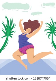 Happy  smiling woman jump. Freedom female, body positive. Woman daily life, everyday.  Flat modern vector isolated illustration. Fly, love concept.