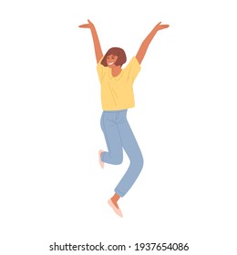 Happy smiling woman jumping from joy and success. Young energetic student celebrating achievements and victory. Colored flat vector illustration of delighted person isolated on white background