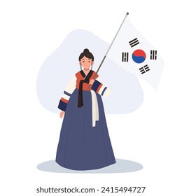 Mujer sonriente feliz con Hanbok de vestir tradicional coreano sosteniendo la bandera de Corea del Sur