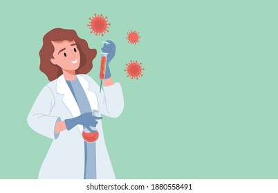 Happy smiling woman in lab coat holding syringe with the vaccine against Coronavirus Covid-19 vector flat illustration. Medicine vaccine against dangerous illness, global pandemic. Woman scientist.