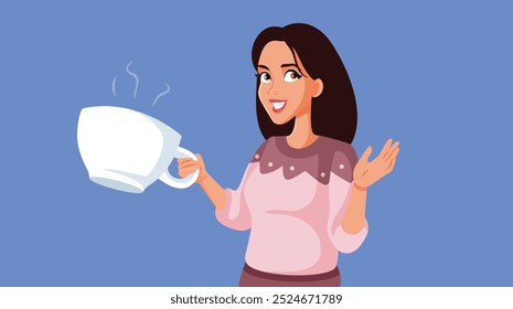 
Mujer sonriente feliz con la Grande historieta del Vector de la taza de té. Muchacha alegre que bebe una bebida caliente durante la temporada de invierno
