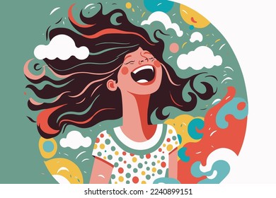 happy smiling woman, in love happy smiling joyful young girl portrait illustration in vector flat color cartoon style