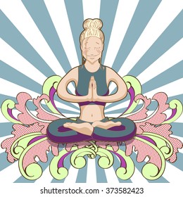 Happy smiling woman make practice in a yoga pose Padmasana. Vector illustration of cards for design. Funny yogi meditating on colorful background.