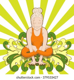 Happy smiling woman make practice in a yoga pose Kukkutasana. Vector illustration of cards for design. Funny yogi meditating on colorful psichedelic background.