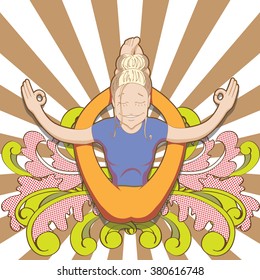 Happy smiling woman make practice in a yoga pose Dwi Pada Sirsasana. Vector illustration of cards for design. Funny yogi meditating on colorful background.