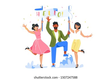 Happy smiling woman and man welcome new people. Concept attractive diverse businesswoman and businessman character greeting colleagues, workers celebrate event. Vector illustration.