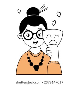 Happy smiling woman with mask with sad expression. Covering emotions, searching identity. Vector illustration in hand doodle style. Psychology, mood changes, personality concept