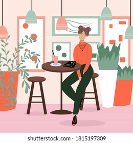 Happy smiling woman in modern clothes sitting at the restaurant or cafe vector flat cartoon illustration. Cozy pink and orange cafe interior design with home plants, decoration, and furniture.