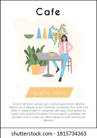 Happy smiling woman in modern clothes sitting at the restaurant or cafe vector flat cartoon card design with text. Cozy pink and green cafe interior design with home plants, decoration, and furniture.