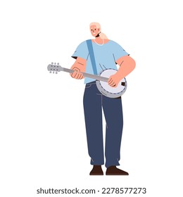 Happy smiling woman musician playing banjo guitar performing folk music vector illustration. Professional young female character participant of open air musical festival or public art event
