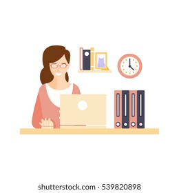 Happy Smiling Woman Office Worker In Office Cubicle Having Her Daily Routine Situation Cartoon Character