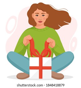 Happy smiling woman opening a present. Concept for birthday party, Valentine's day, Women's day. Design for greeting card, poster, postcard, print. Vector illustration isolated on white background.