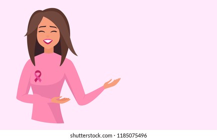 Happy Smiling Woman with Pink Ribbon. Vector Breast Cancer Awareness. National Breast Cancer Awareness Month. Vector Illustration isolated from background. girl recovered from breast cancer