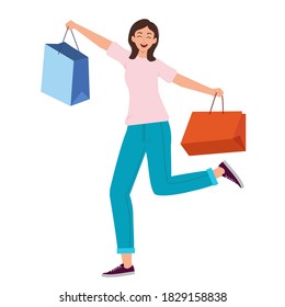 Happy smiling woman with purchases. Human expression. Cartoon vector illustration.